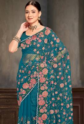 Teal blue sequin zari embroidered work net saree with unstitch blouse piece 3
