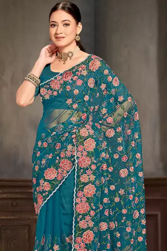 Teal blue sequin zari embroidered work net saree with unstitch blouse piece