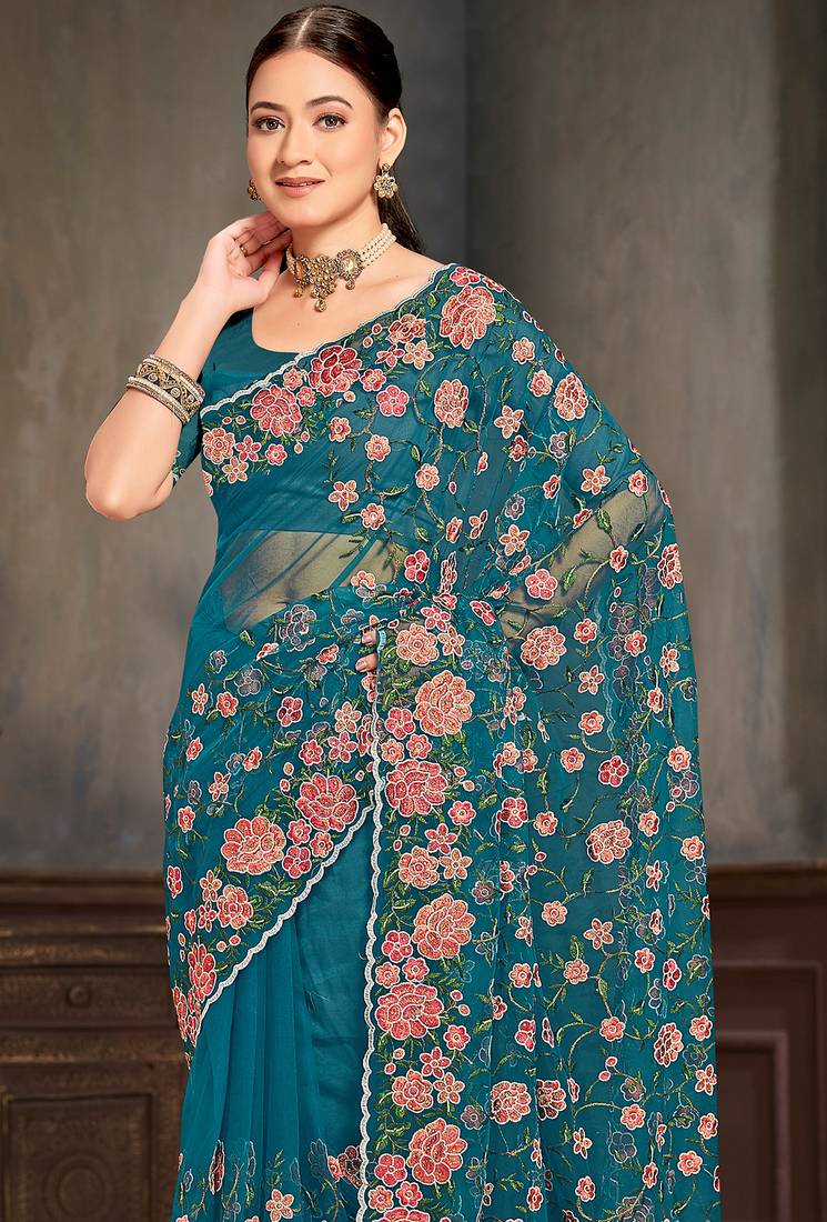 Teal blue sequin zari embroidered work net saree with unstitch blouse piece
