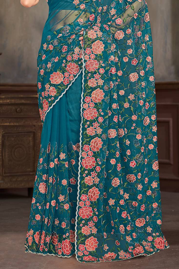 Teal blue sequin zari embroidered work net saree with unstitch blouse piece