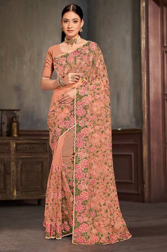 Peach sequin zari embroidered work net saree with unstitch blouse piece