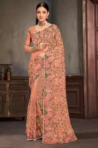 Peach sequin zari embroidered work net saree with unstitch blouse piece