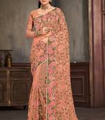 Peach sequin zari embroidered work net saree with unstitch blouse piece