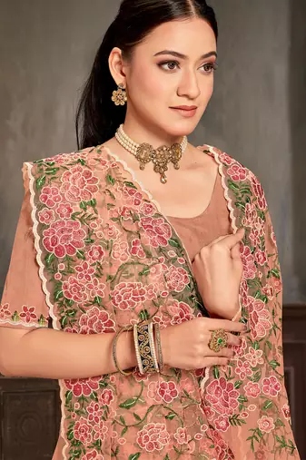 Peach sequin zari embroidered work net saree with unstitch blouse piece