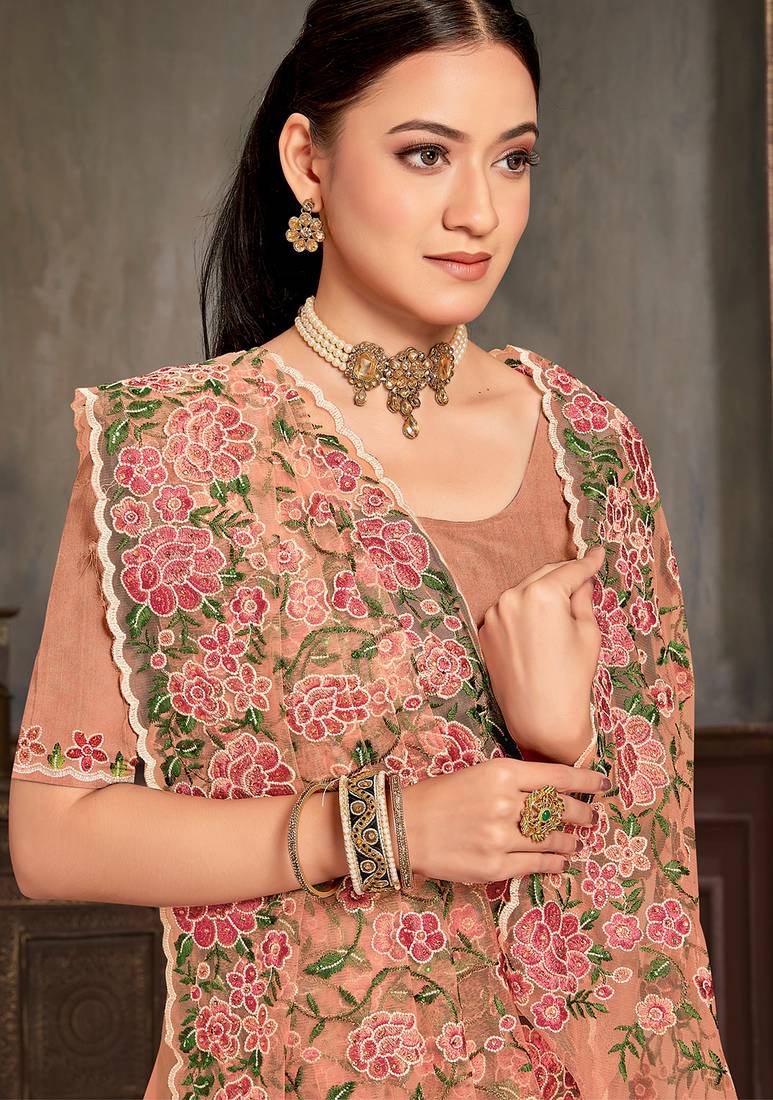 Peach sequin zari embroidered work net saree with unstitch blouse piece