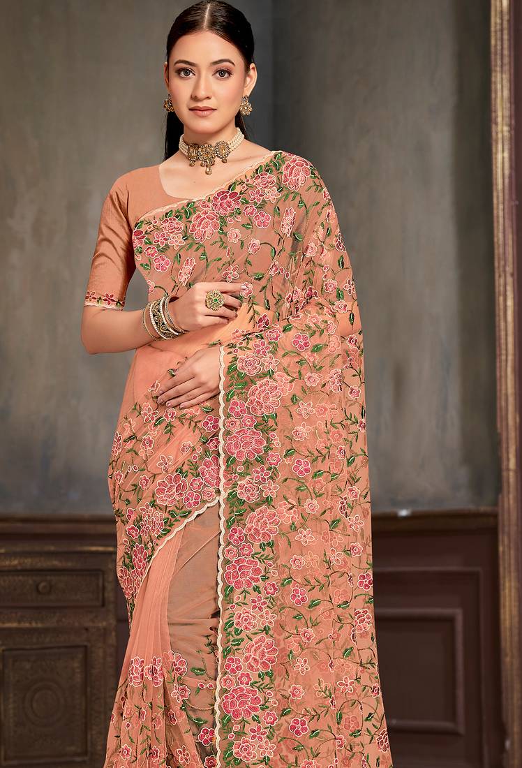 Peach sequin zari embroidered work net saree with unstitch blouse piece
