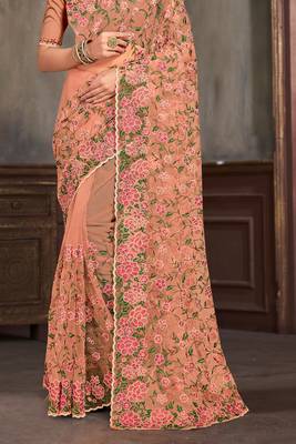 Peach sequin zari embroidered work net saree with unstitch blouse piece 4