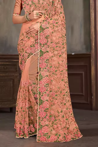 Peach sequin zari embroidered work net saree with unstitch blouse piece