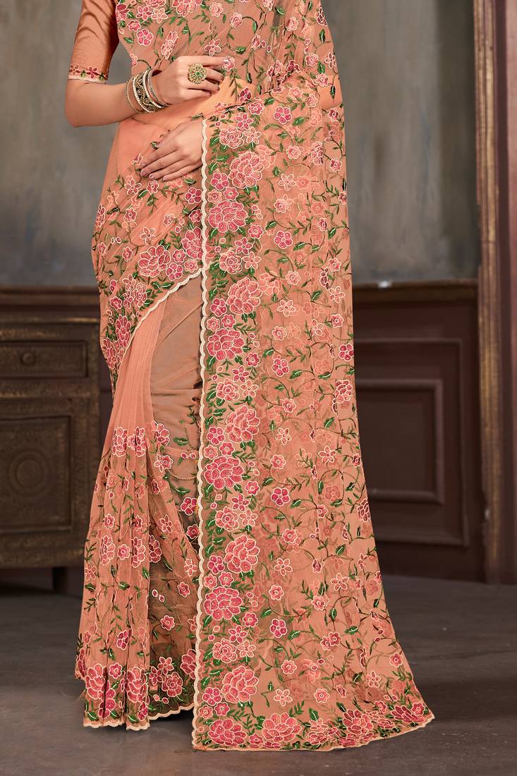 Peach sequin zari embroidered work net saree with unstitch blouse piece