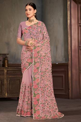 Lavender sequin zari embroidered work net saree with unstitch blouse piece