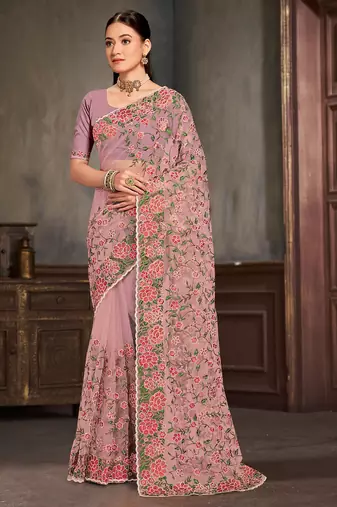 Lavender sequin zari embroidered work net saree with unstitch blouse piece