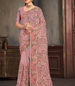 Lavender sequin zari embroidered work net saree with unstitch blouse piece