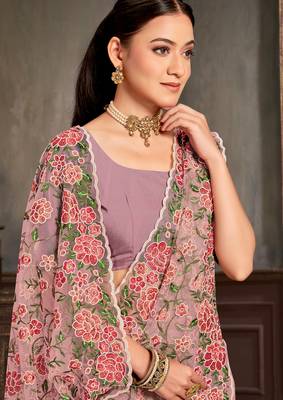 Lavender sequin zari embroidered work net saree with unstitch blouse piece 2