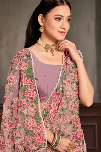 Lavender sequin zari embroidered work net saree with unstitch blouse piece