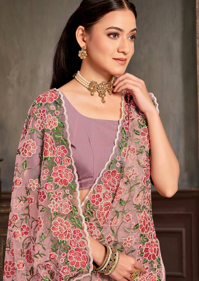 Lavender sequin zari embroidered work net saree with unstitch blouse piece