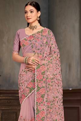 Lavender sequin zari embroidered work net saree with unstitch blouse piece 3