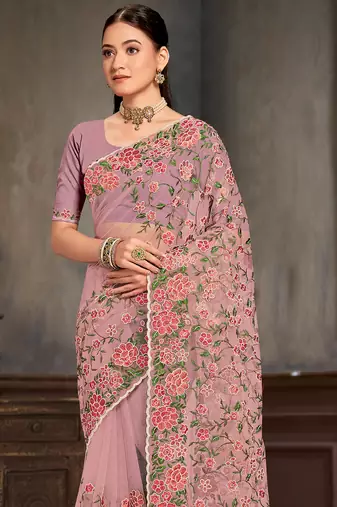 Lavender sequin zari embroidered work net saree with unstitch blouse piece