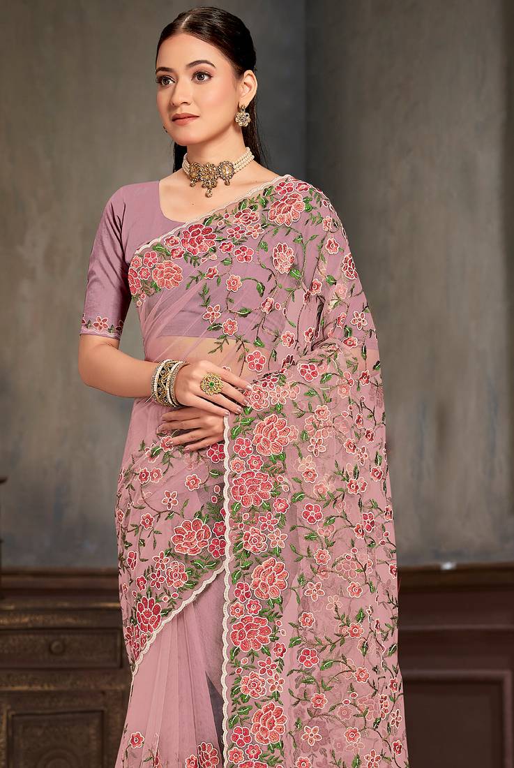 Lavender sequin zari embroidered work net saree with unstitch blouse piece