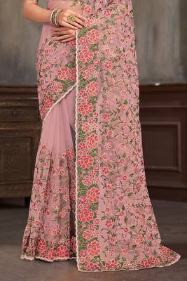 Lavender sequin zari embroidered work net saree with unstitch blouse piece 4