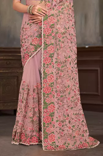 Lavender sequin zari embroidered work net saree with unstitch blouse piece
