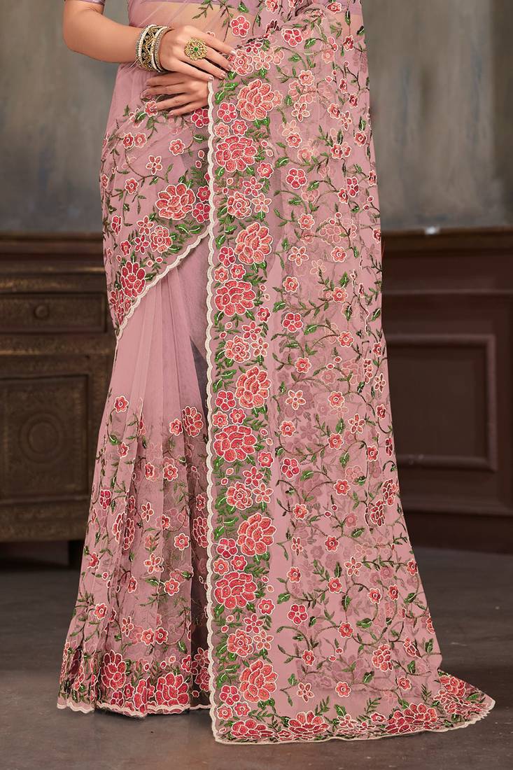 Lavender sequin zari embroidered work net saree with unstitch blouse piece