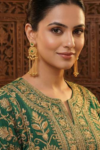 gold-plated antique matte chandbali kashmiri earrings with green stones