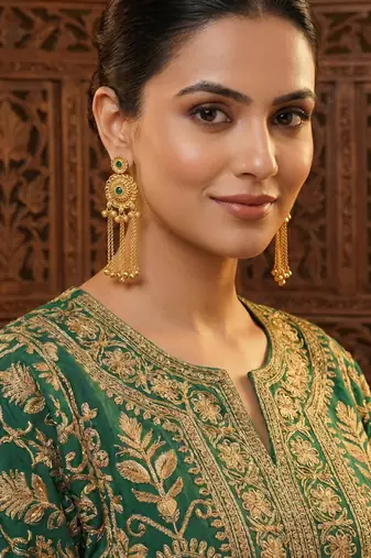 gold-plated antique matte chandbali kashmiri earrings with green stones