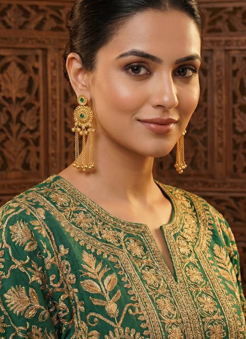 gold-plated antique matte chandbali kashmiri earrings with green stones