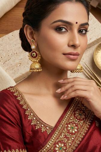 gold-plated antique matte chandbali kashmiri earrings with red and green multi-stones