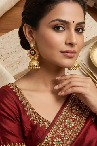 gold-plated antique matte chandbali kashmiri earrings with red and green multi-stones