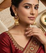 gold-plated antique matte chandbali kashmiri earrings with red and green multi-stones