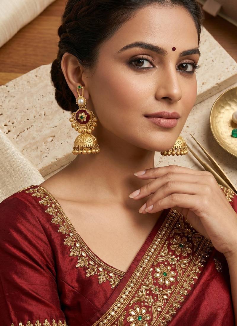 gold-plated antique matte chandbali kashmiri earrings with red and green multi-stones
