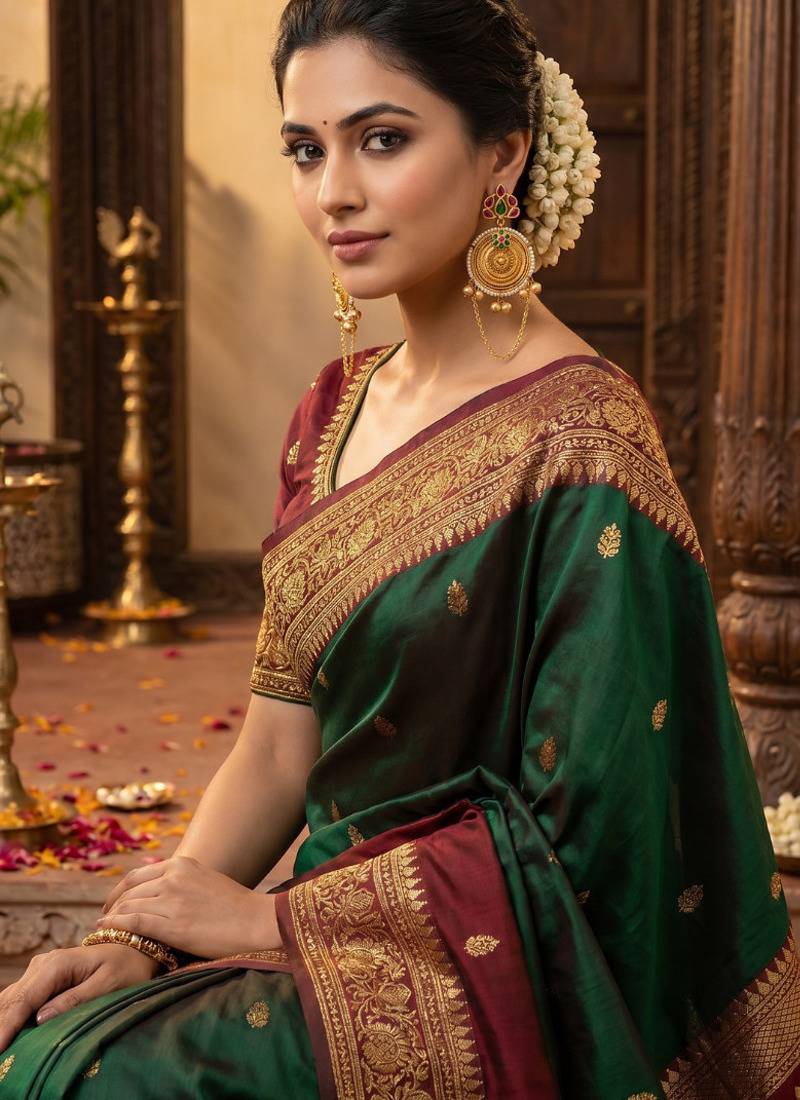 gold-plated antique matte chandbali kashmiri earrings with red and green multi-stones