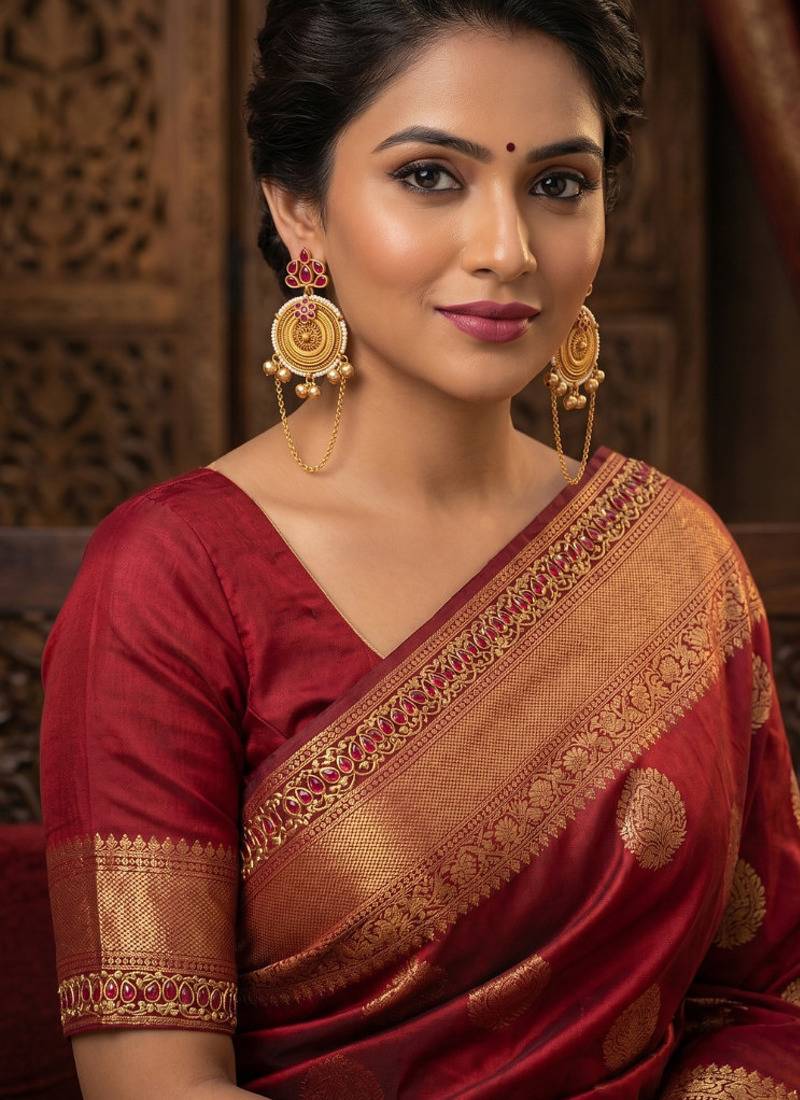 gold-plated antique matte chandbali kashmiri earrings with red stones