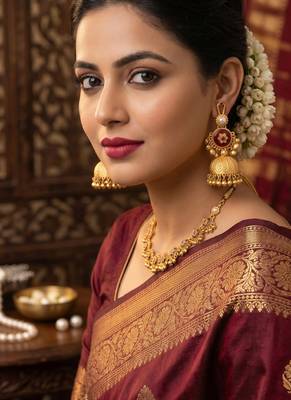 gold-plated antique matte chandbali kashmiri earrings with red stones 1