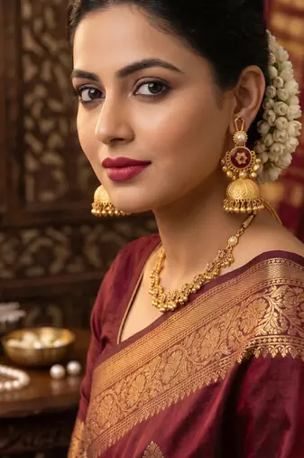 gold-plated antique matte chandbali kashmiri earrings with red stones
