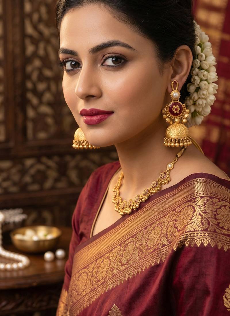 gold-plated antique matte chandbali kashmiri earrings with red stones