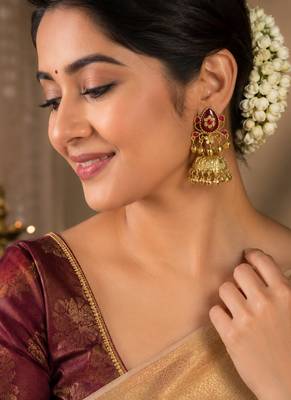 gold-plated antique matte chandbali kashmiri earrings with red stones 1