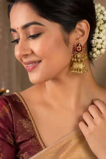 gold-plated antique matte chandbali kashmiri earrings with red stones