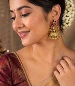 gold-plated antique matte chandbali kashmiri earrings with red stones