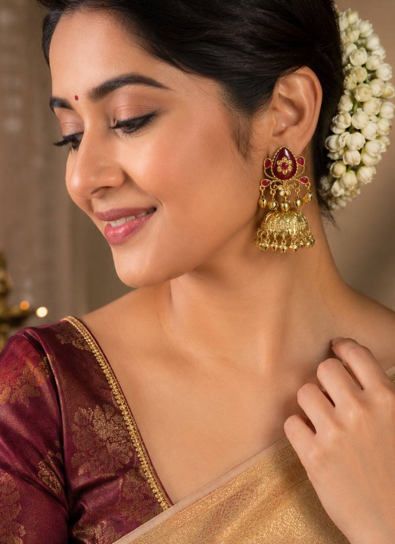 gold-plated antique matte chandbali kashmiri earrings with red stones