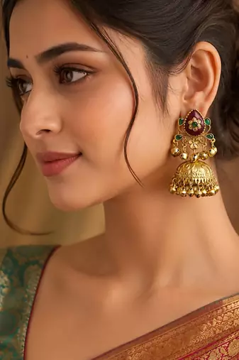 gold-plated antique matte chandbali kashmiri earrings with red and green multi-stones
