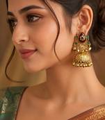 gold-plated antique matte chandbali kashmiri earrings with red and green multi-stones