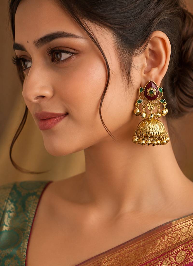 gold-plated antique matte chandbali kashmiri earrings with red and green multi-stones