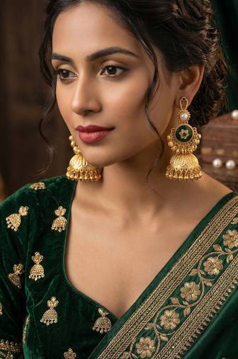 gold-plated antique matte chandbali kashmiri earrings with green stones