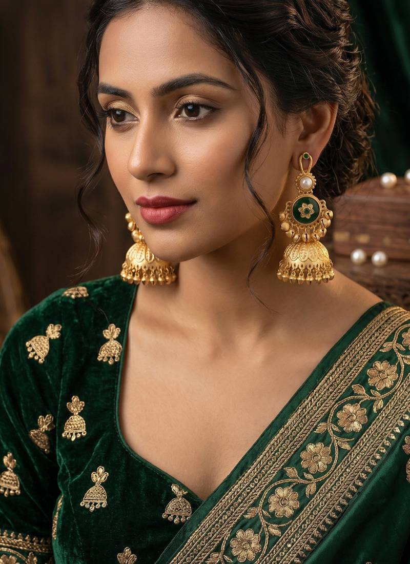 gold-plated antique matte chandbali kashmiri earrings with green stones