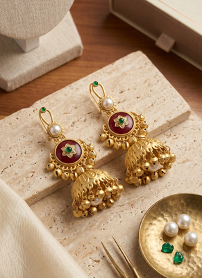 gold-plated antique matte chandbali kashmiri earrings with red and green multi-stones 2