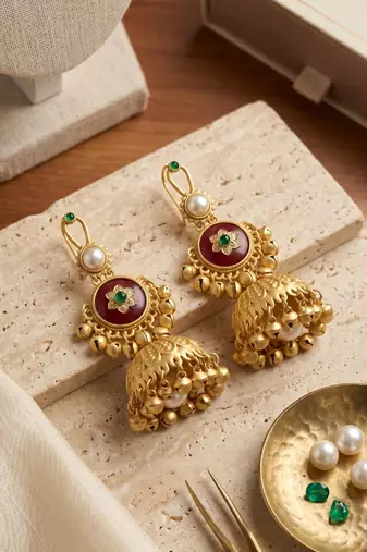 gold-plated antique matte chandbali kashmiri earrings with red and green multi-stones