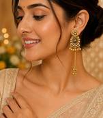 gold-plated antique matte chandbali kashmiri earrings with red and green multi-stones