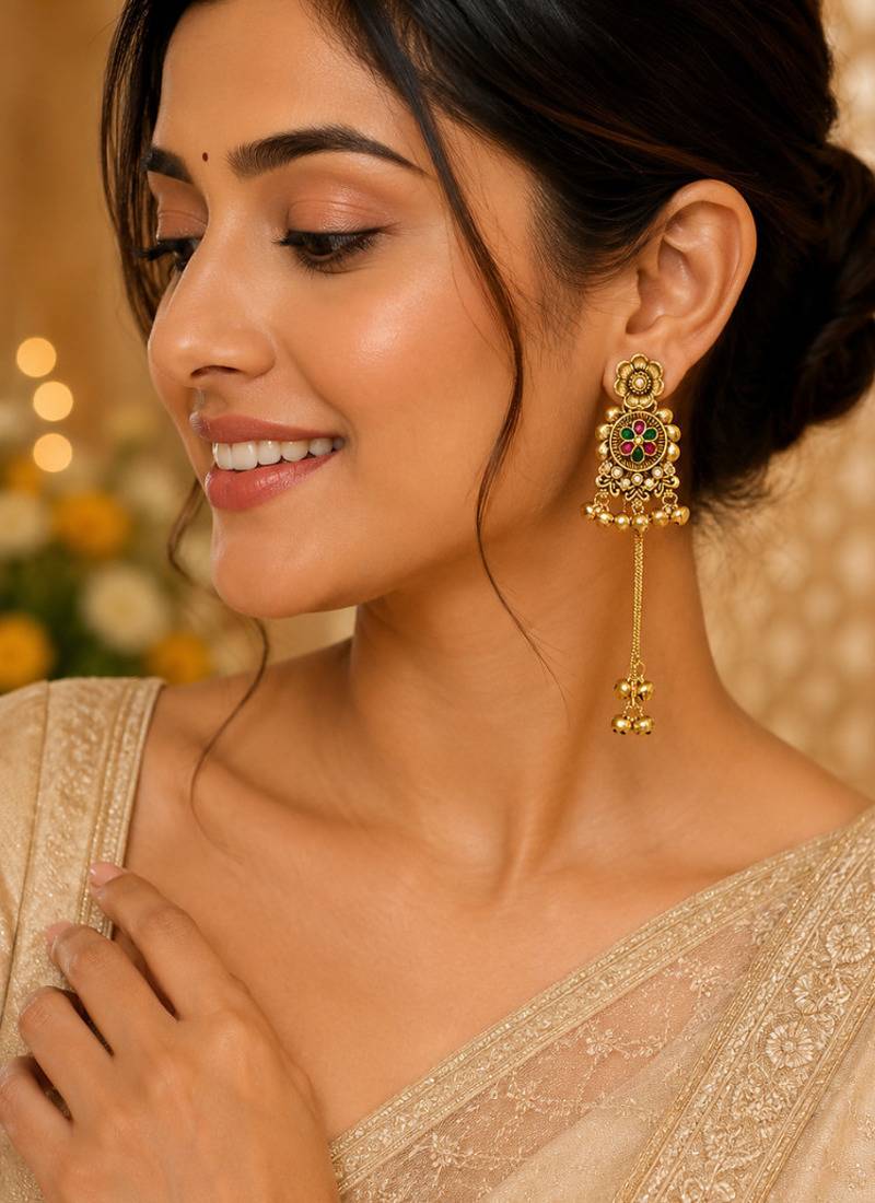 gold-plated antique matte chandbali kashmiri earrings with red and green multi-stones